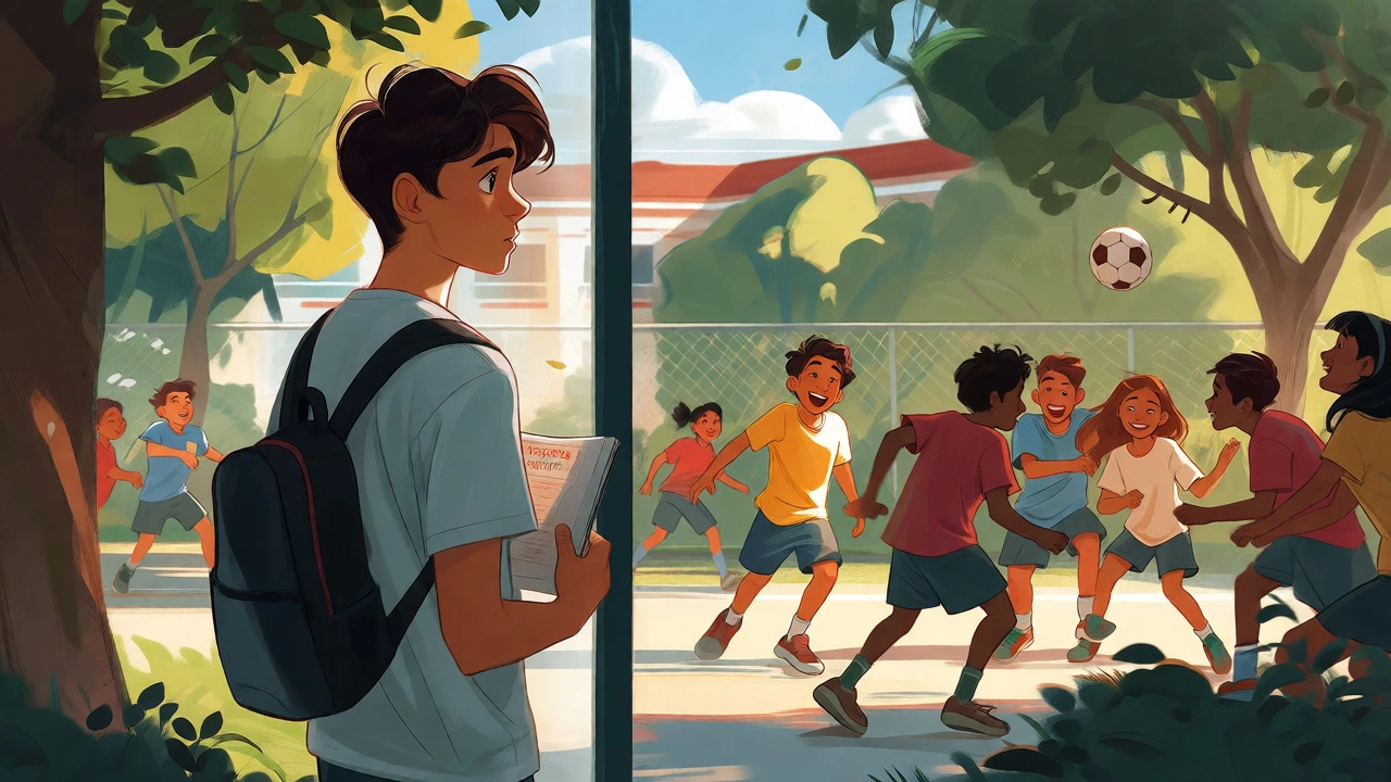Isolated student watching peers play, highlighting social stigma.