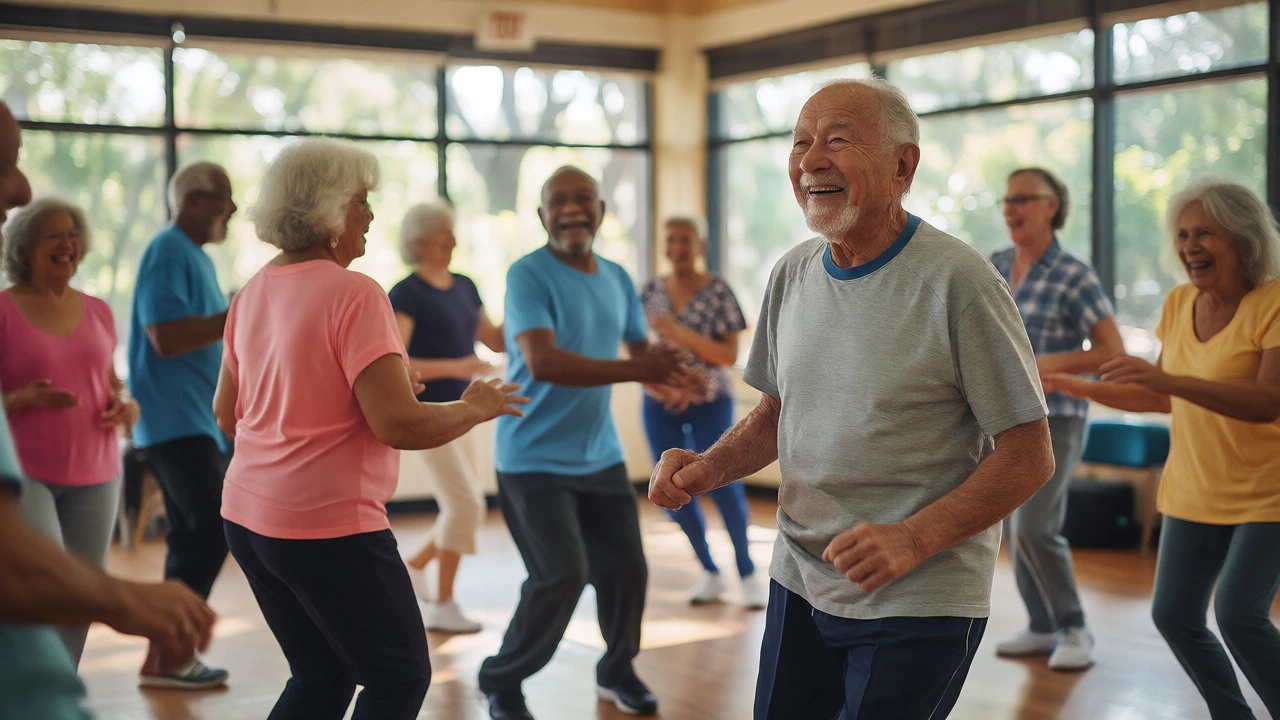 Older adults enjoying a lively dance class together in a bright studio.