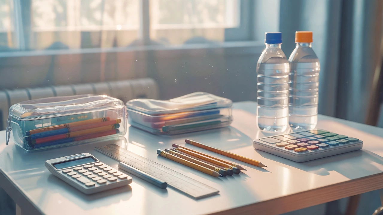 Organized exam kit with pens, calculator, and water bottle