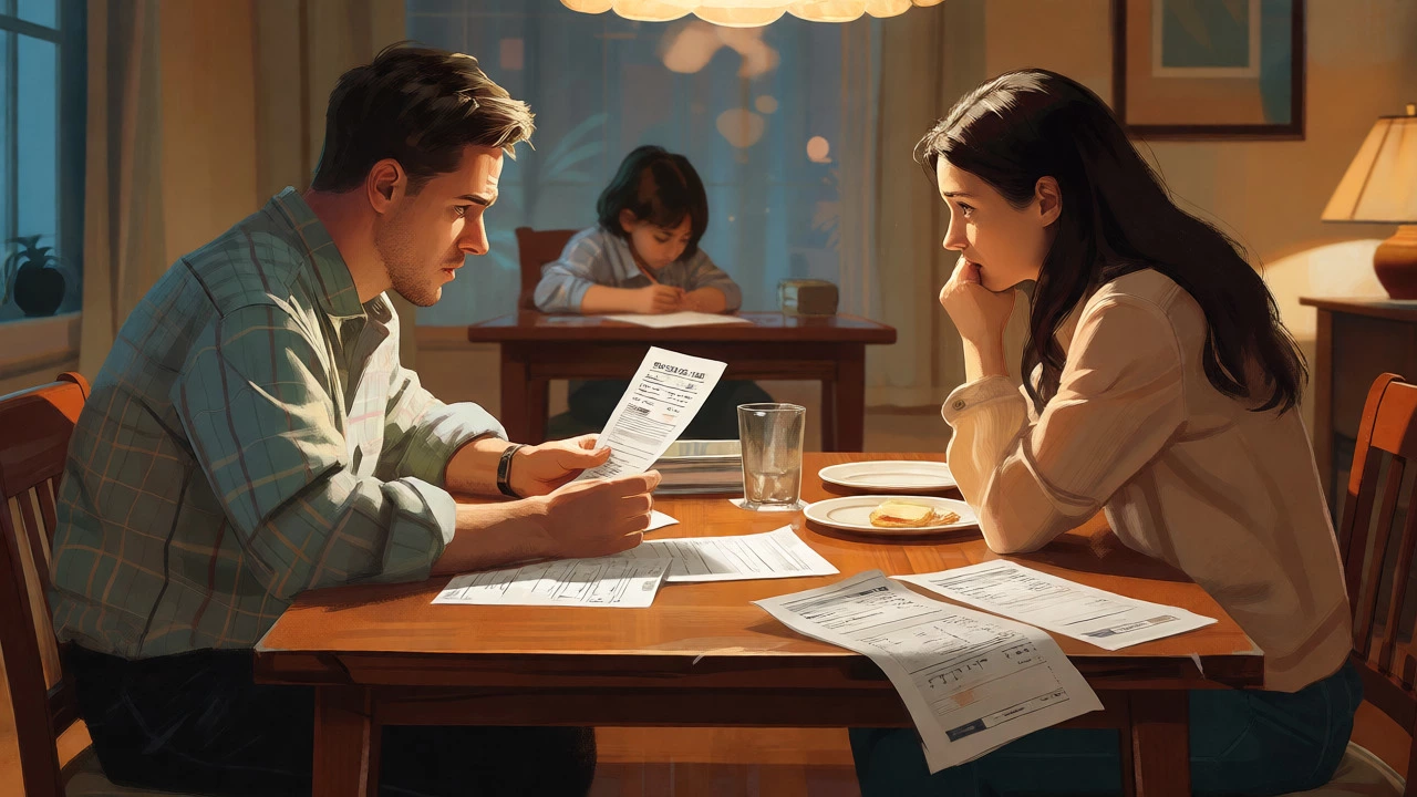 Stressed parents reviewing bills while child studies in background.