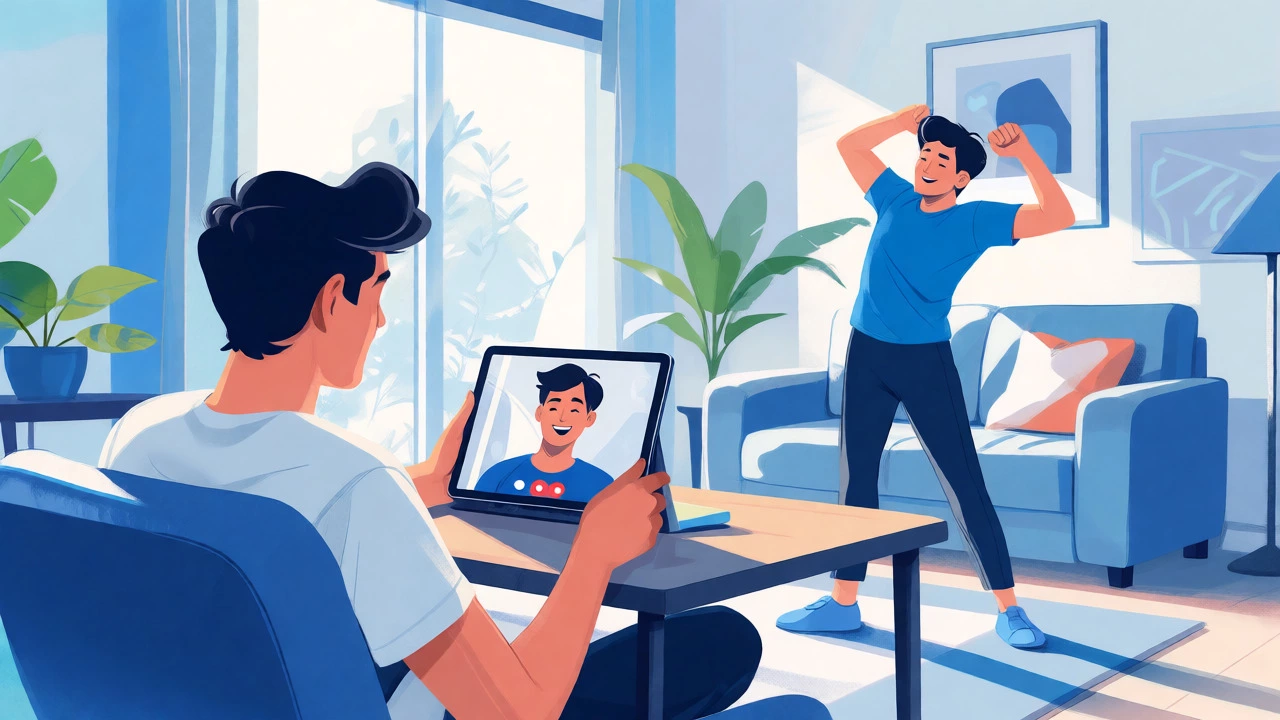 Student taking a stretch break during an online video tutoring session