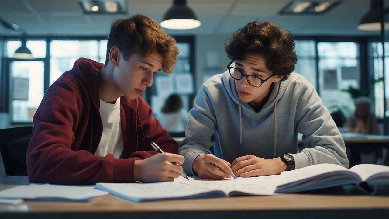 Teenager and tutor solving complex math problems together