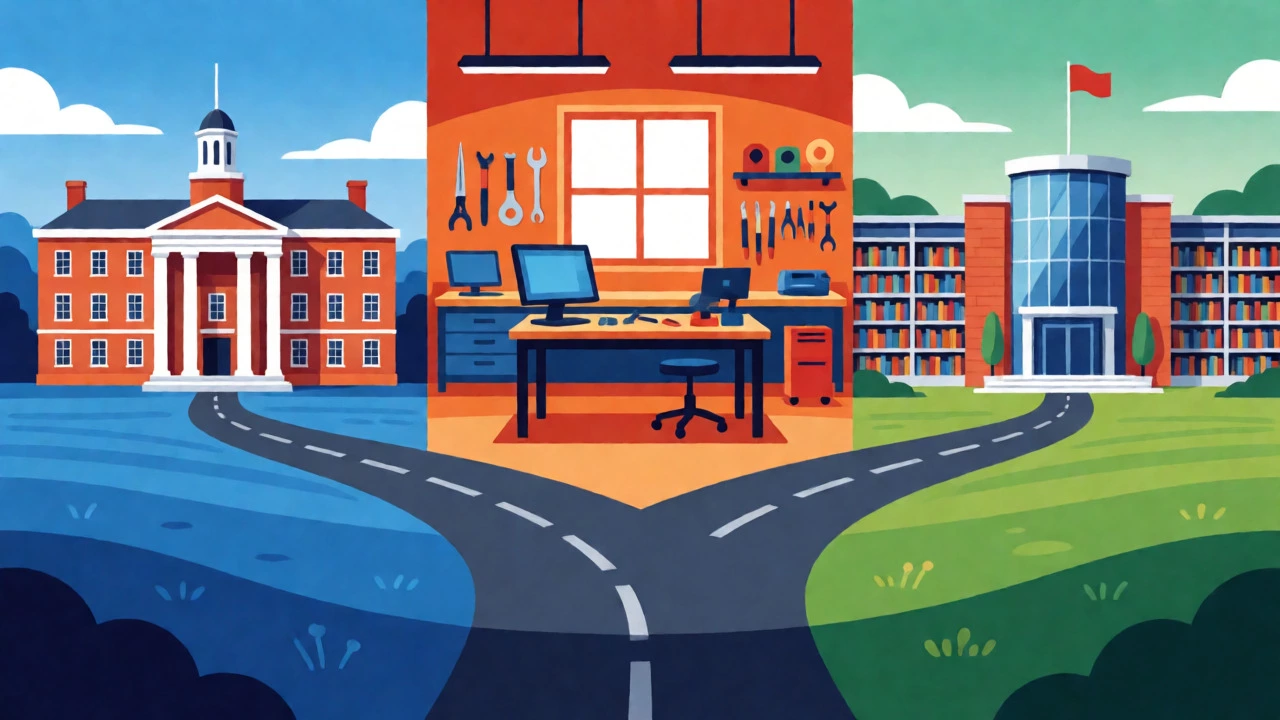 Visual metaphor showing three post-GCSE paths: academic, vocational, and university.