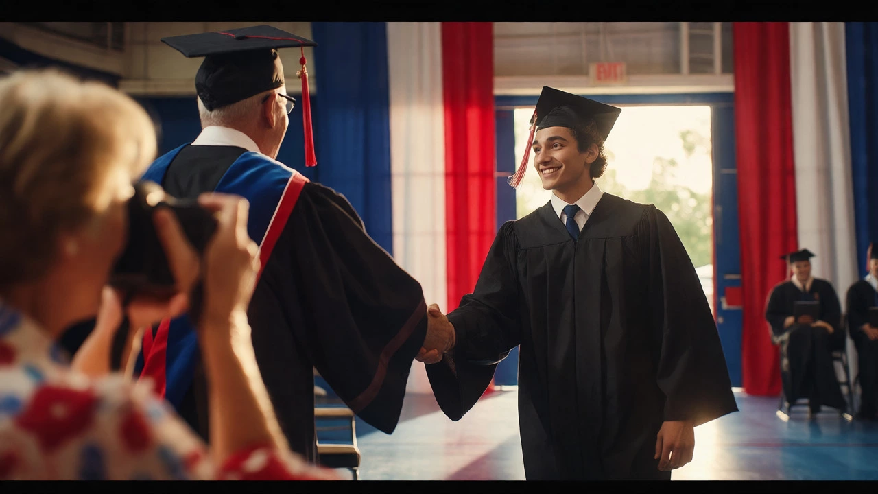 American high school graduate receiving diploma at ceremony
