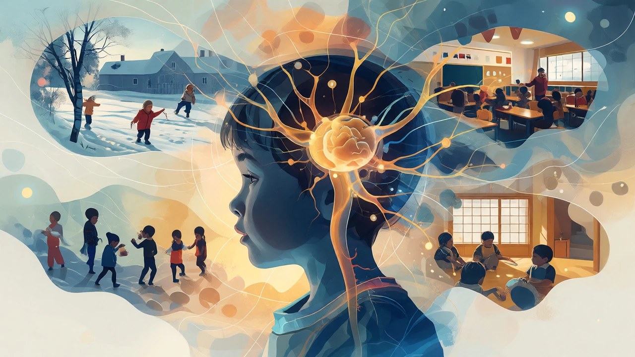 Artistic depiction of a child's developing brain surrounded by global educational scenes.