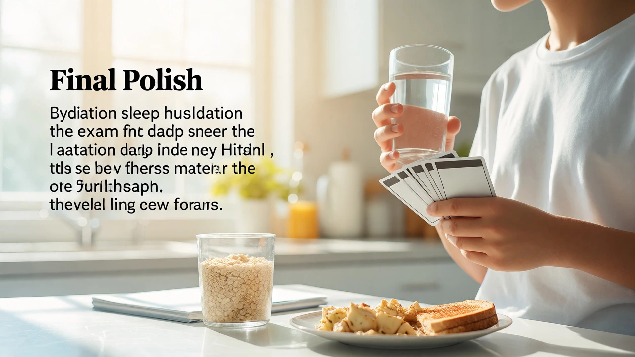 Calm student reviewing flashcards with breakfast in morning light
