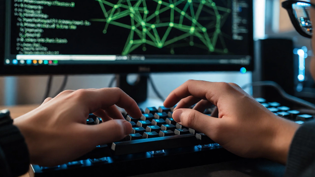 Close-up of hands typing on a keyboard with network diagrams on a monitor behind.