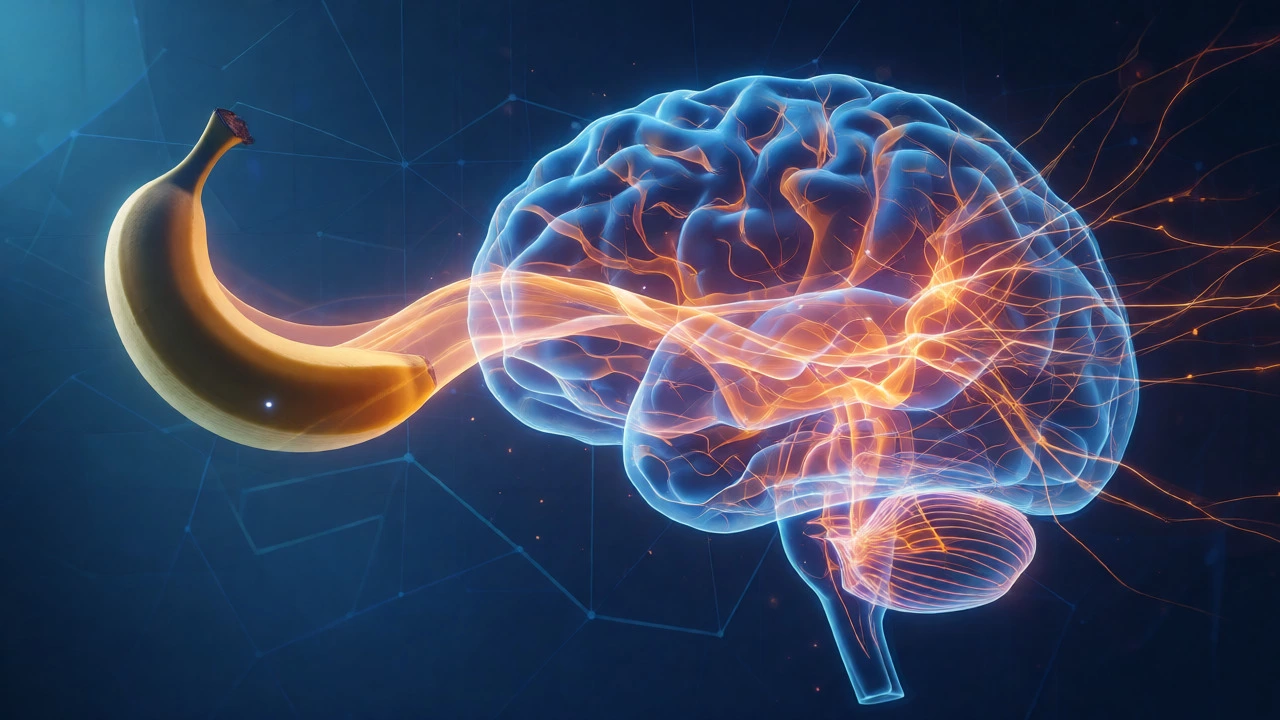 Conceptual art of a glowing banana providing energy to a stylized human brain.