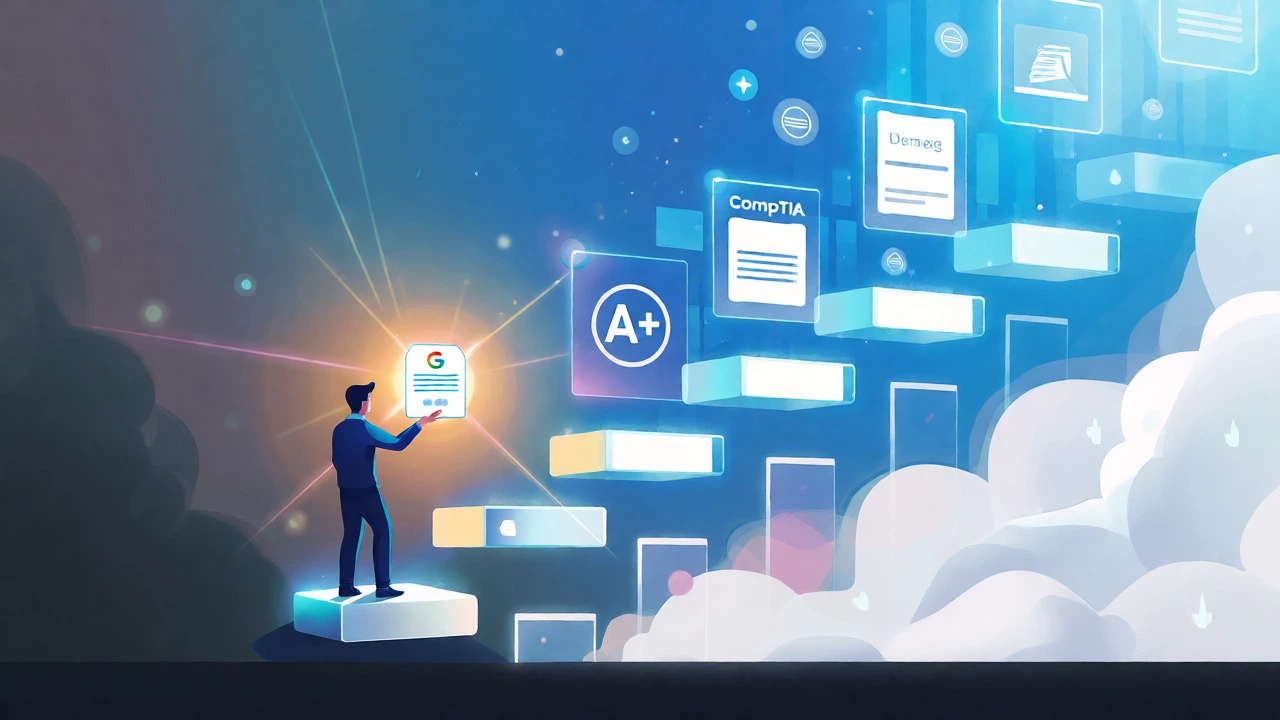 Conceptual illustration of a career ladder built from digital certificates and skills.