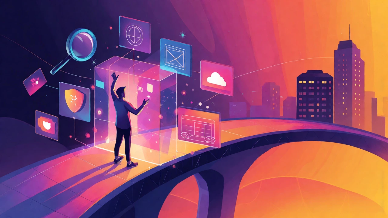 Conceptual illustration of assembling tech skills into a career bridge