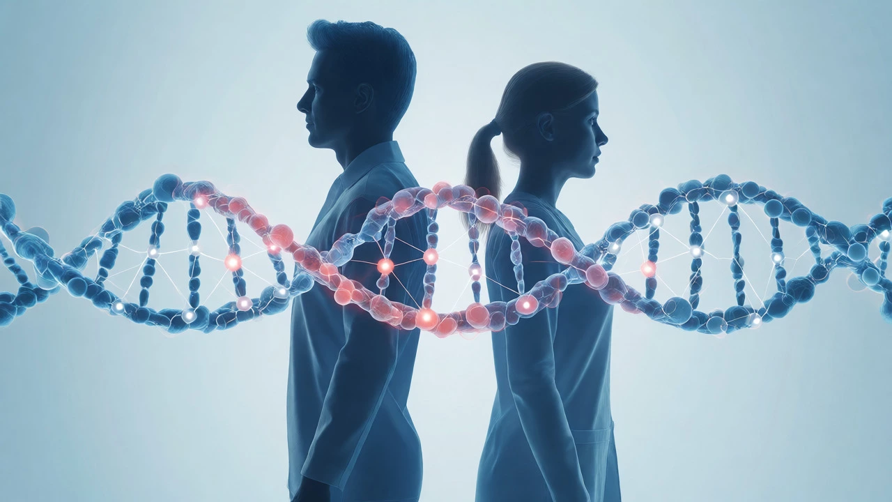 DNA strands merging from male and female figures illustrating shared genetics.