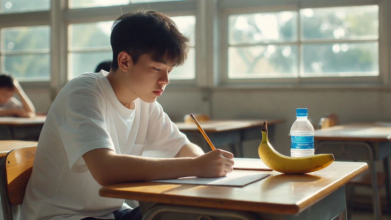 Focused student taking an exam with a banana and water bottle on their desk.