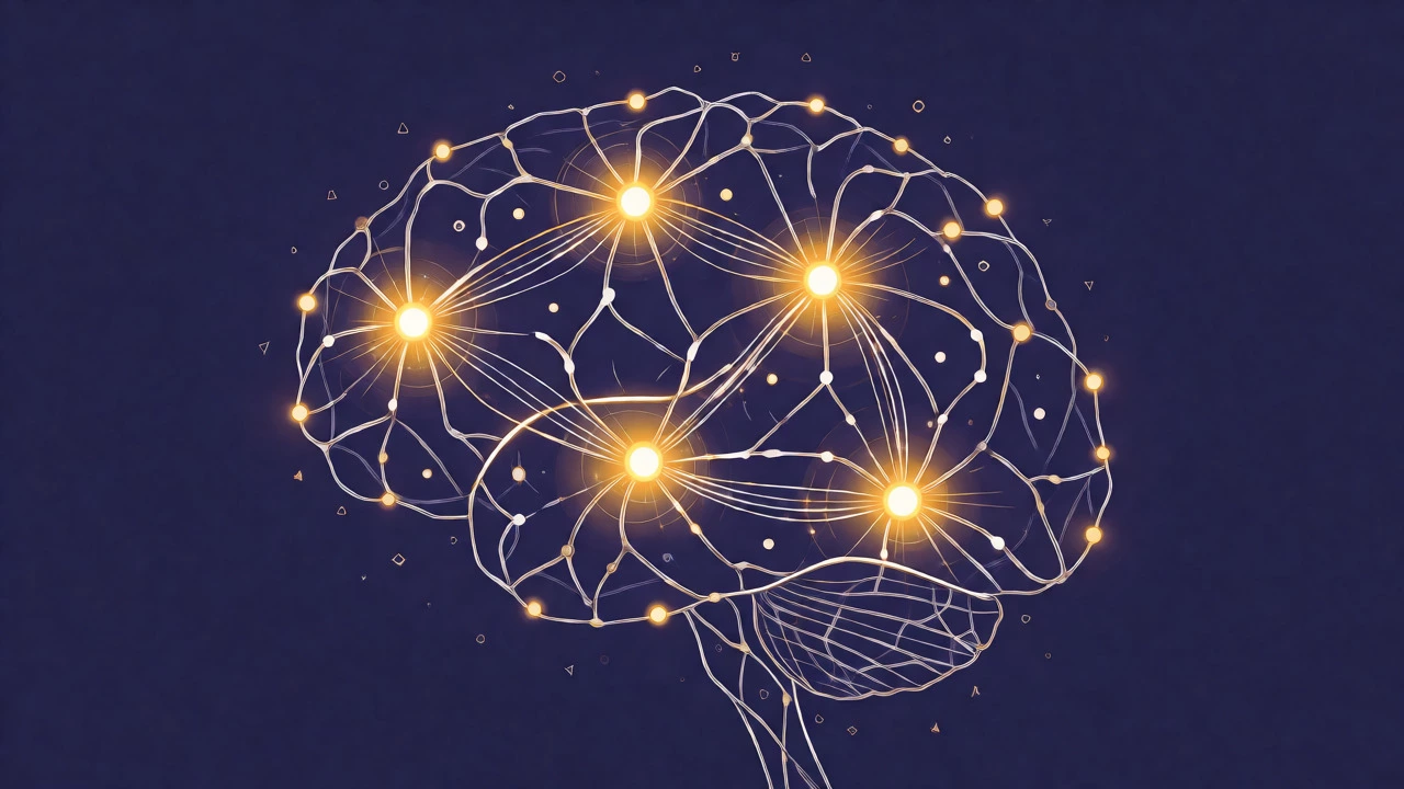 Glowing brain illustration with four connected nodes representing spaced repetition