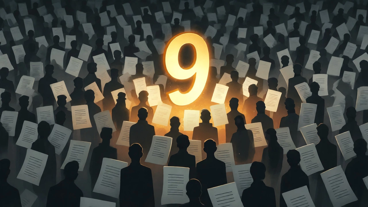 Golden number 9 rising above a sea of grey exam papers