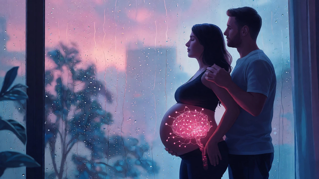 Pregnant woman by a window with a glowing neural network in her belly.