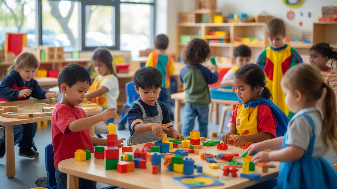 Preschoolers engage in play-based learning with blocks and costumes in a bright, natural-light classroom.