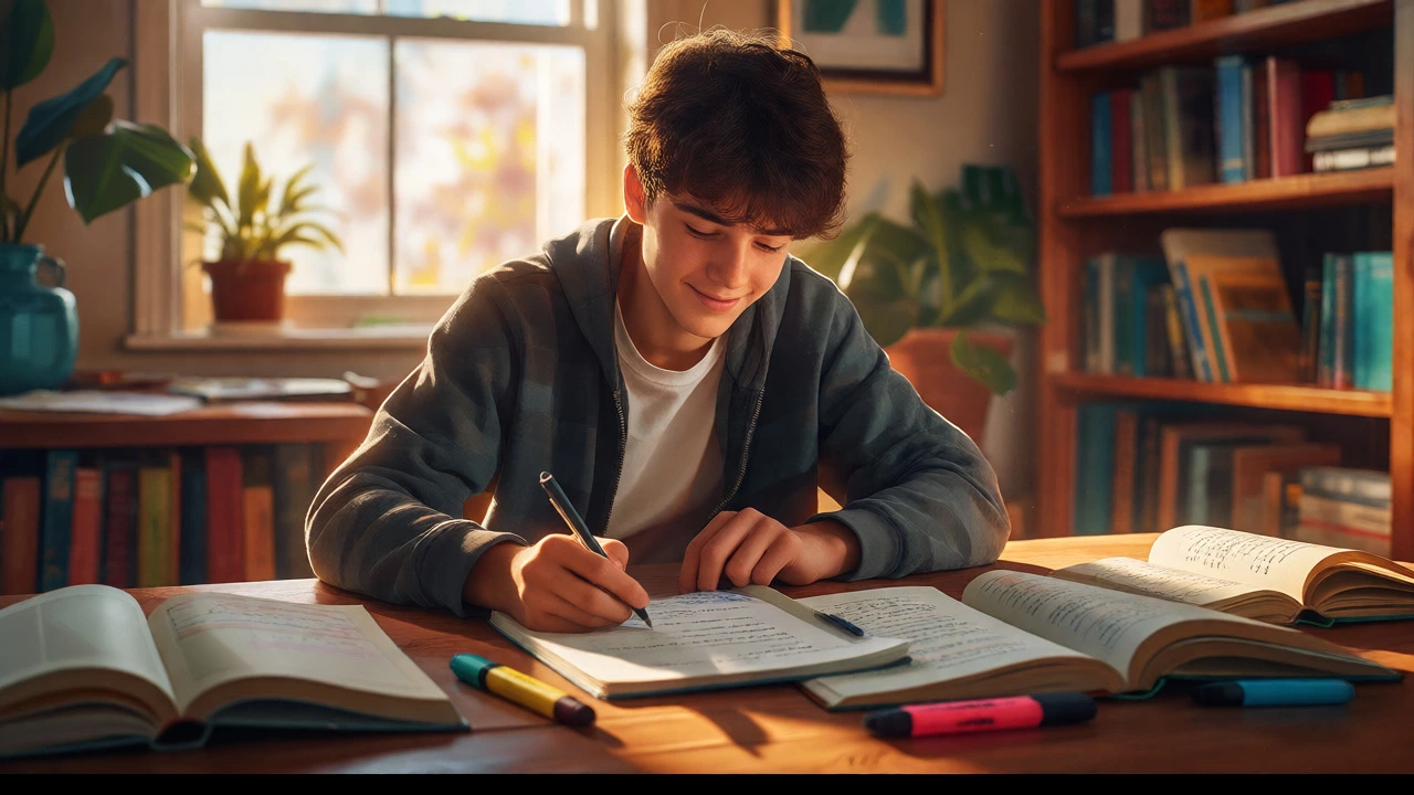 Student studying happily at a sunlit desk with books