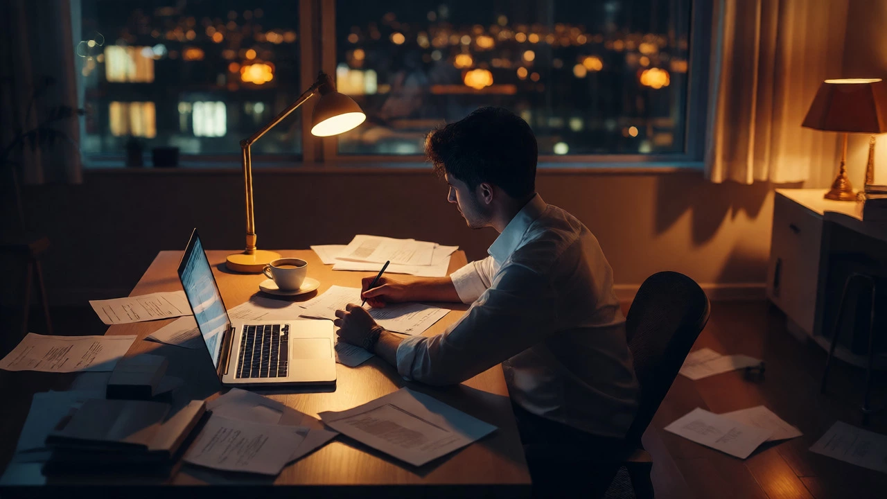 Student working late at night on applications, illuminated by a warm desk lamp in a cozy study space.