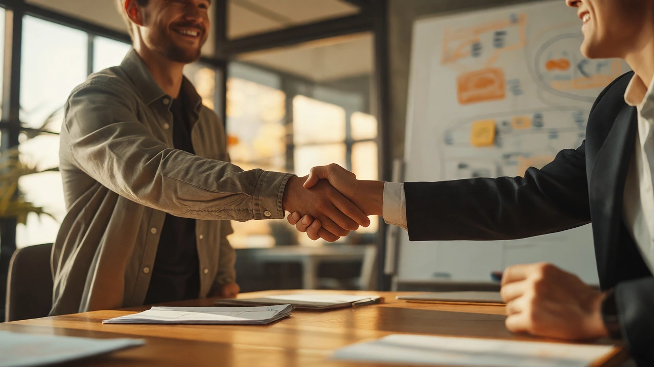 Two professionals shaking hands after a successful job interview